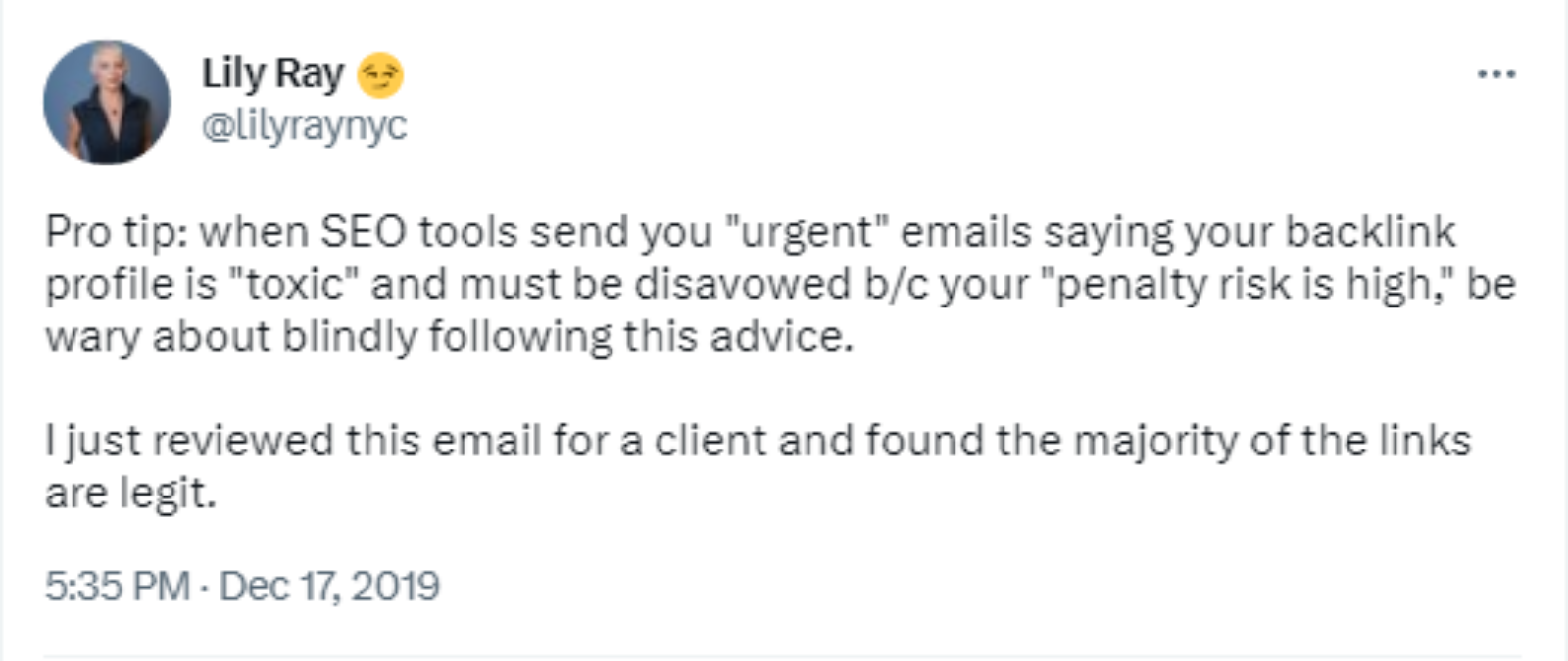 Tweet about Toxic Backlinks by Lily Ray