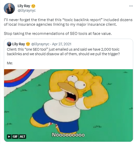Tweet about Toxic Backlink Report by Lily Ray