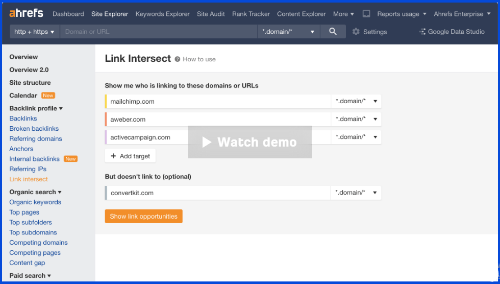 local link building ahrefs link intersect tool
