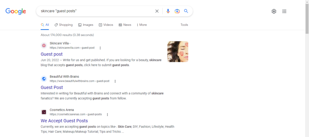 link prospecting google search for skincare guest post
