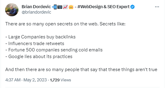 Tweet from Brian Dordevic about large companies buying backlinks for SEO