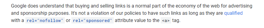 Screenshot of Google's official policy on buying and selling backlinks