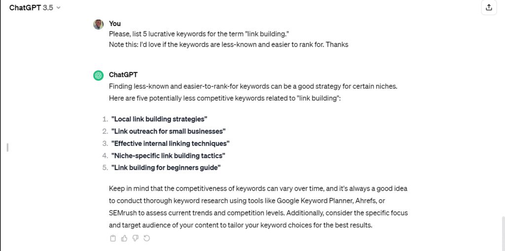 ChatGPT generating low-competition keyword ideas for link building content