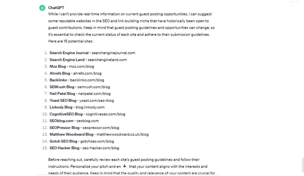 ChatGPT finding guest posting opportunities in the digital marketing niche