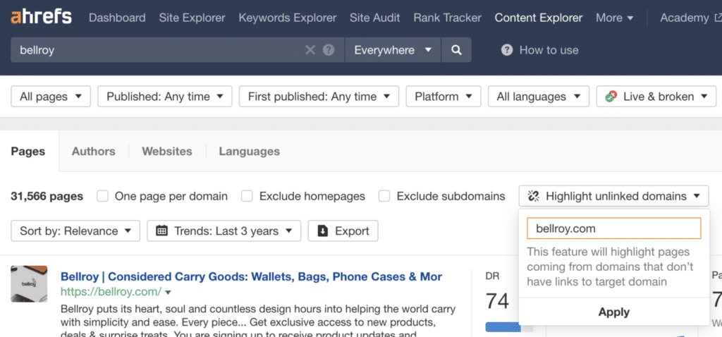 Ahrefs showing unlinked brand mentions that can be converted to backlinks