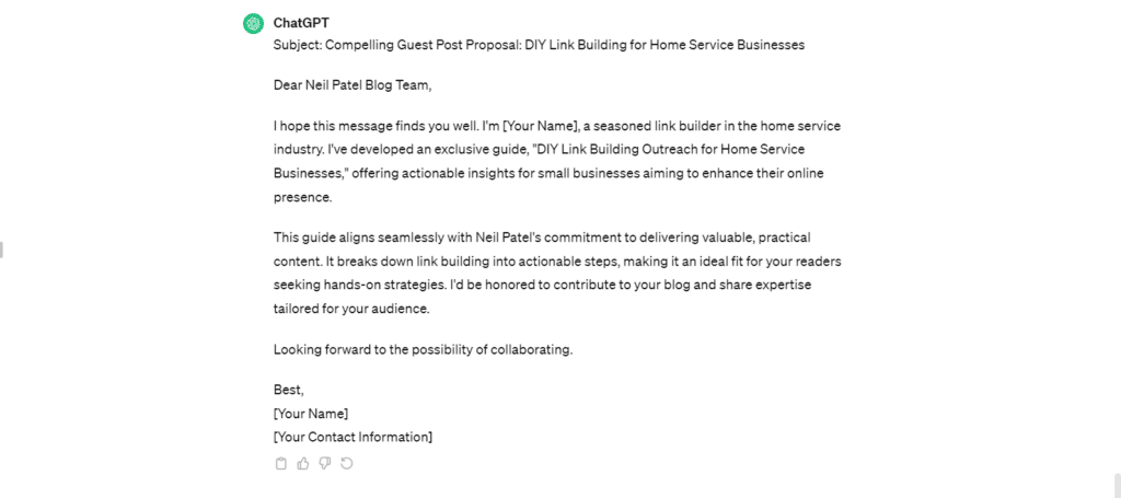 ChatGPT crafting a personalized guest posting pitch email