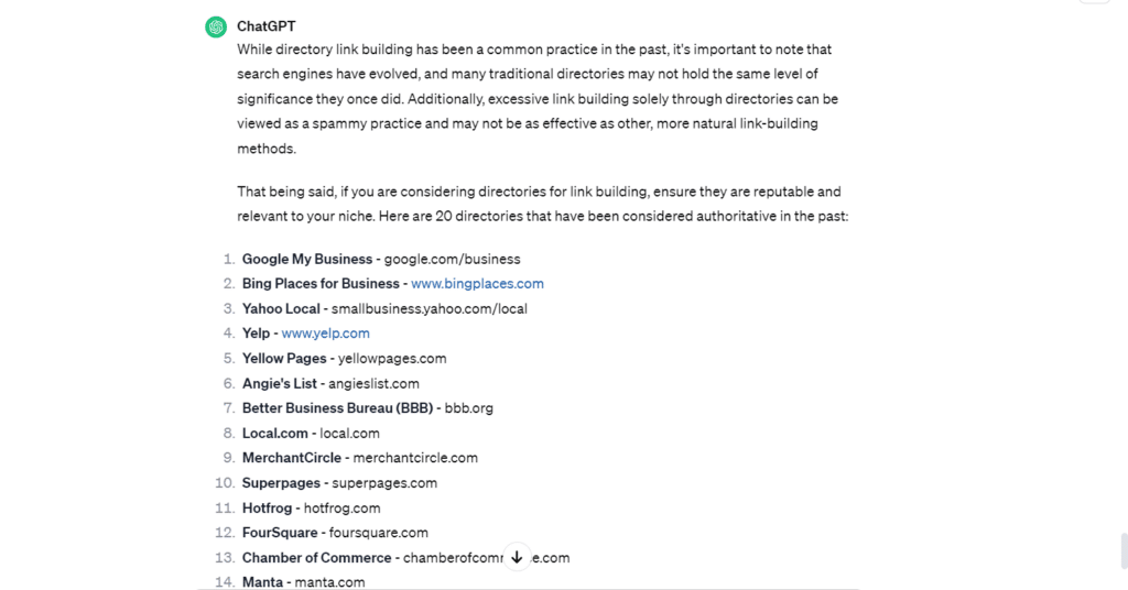 ChatGPT identifying resource pages and directories for link building