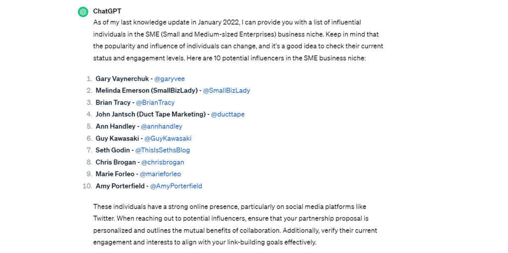 ChatGPT finding relevant influencers for link building collaboration