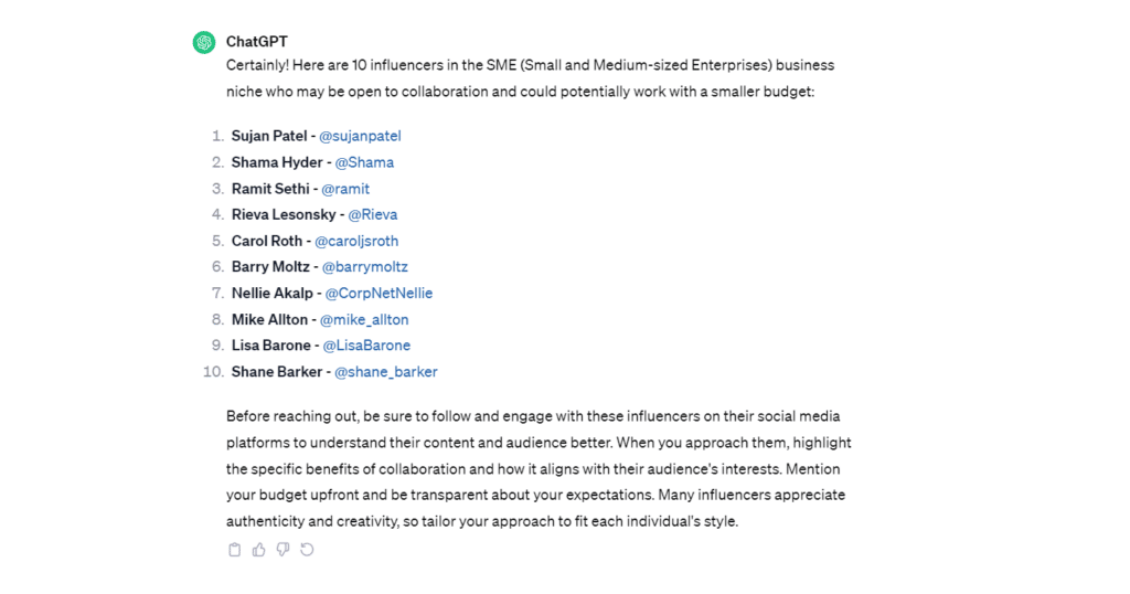 ChatGPT identifying micro-influencers for cost-effective link building