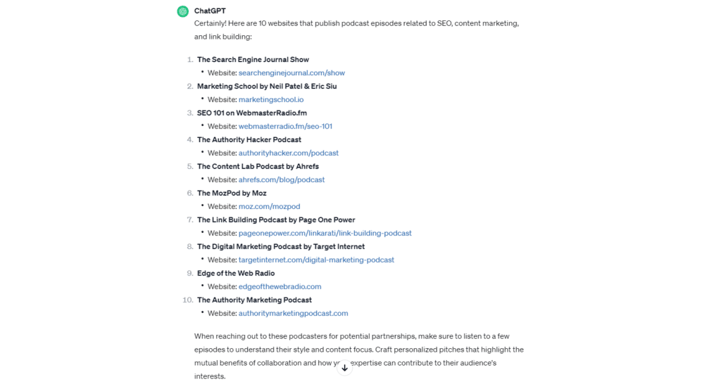 ChatGPT finding podcasts for guest appearances and backlink opportunities