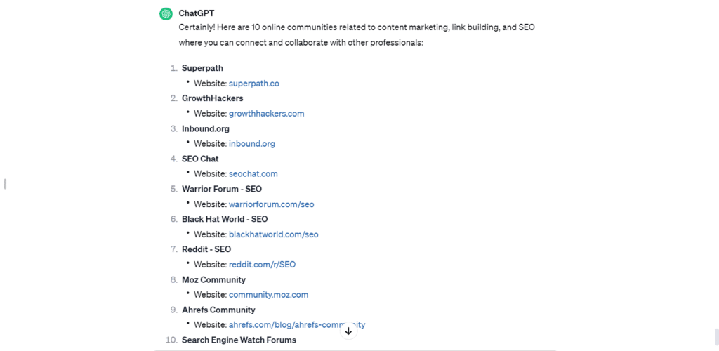 ChatGPT finding niche online communities and forums for authority building