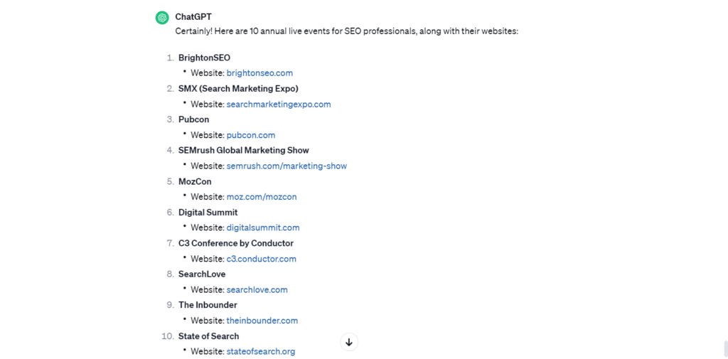 ChatGPT identifying industry events and speaking opportunities for link building