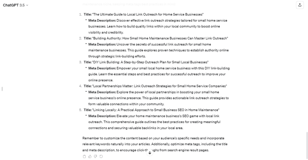 ChatGPT generating niche-specific topic ideas for link building outreach