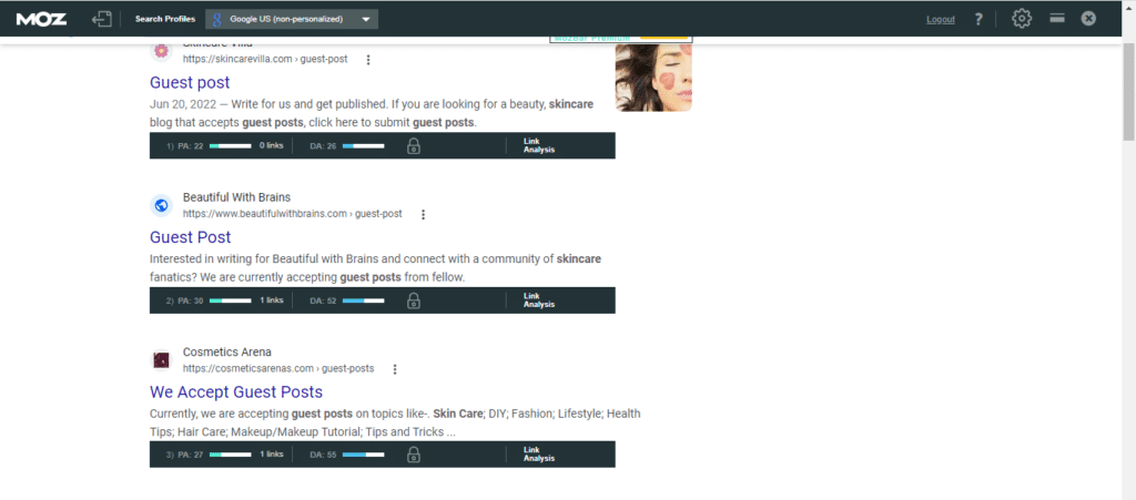 link prospecting mozbar search for skincare gust post