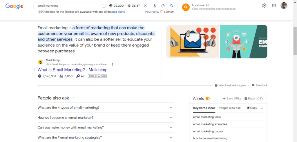 Ahrefs showing SERP features to target for SaaS keyword rankings
