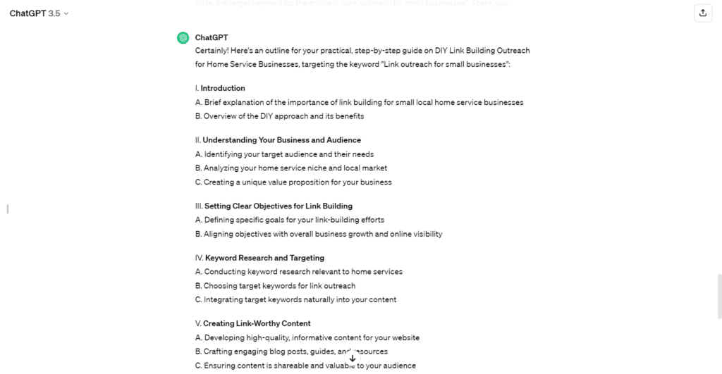 ChatGPT creating a detailed content outline for an SEO article