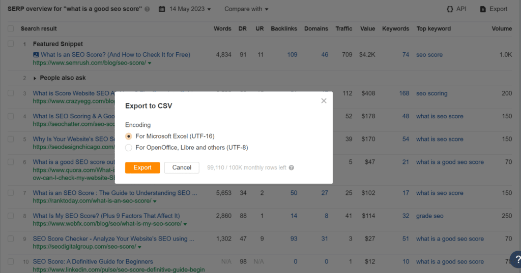 serp overview export