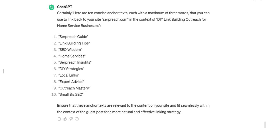 ChatGPT generating natural anchor text variations for niche edit backlinks