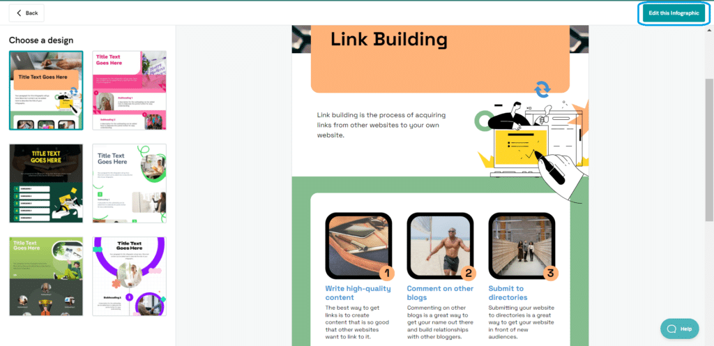 Selecting an infographic template in an AI design tool