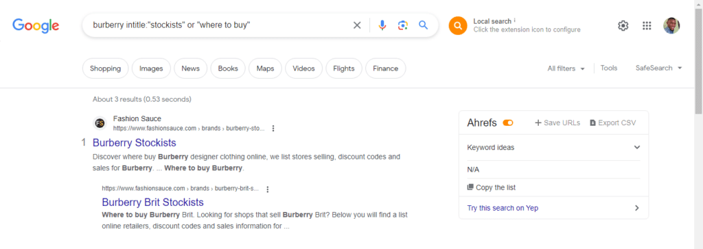 Google search for stockist pages showing link building opportunities for ecommerce