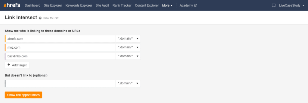 ahrefs link intersect tool