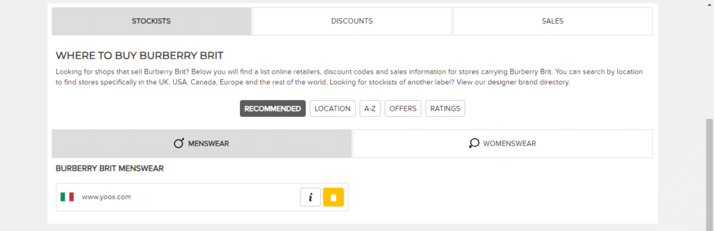 Example stockist page listing products with backlinks to brand websites