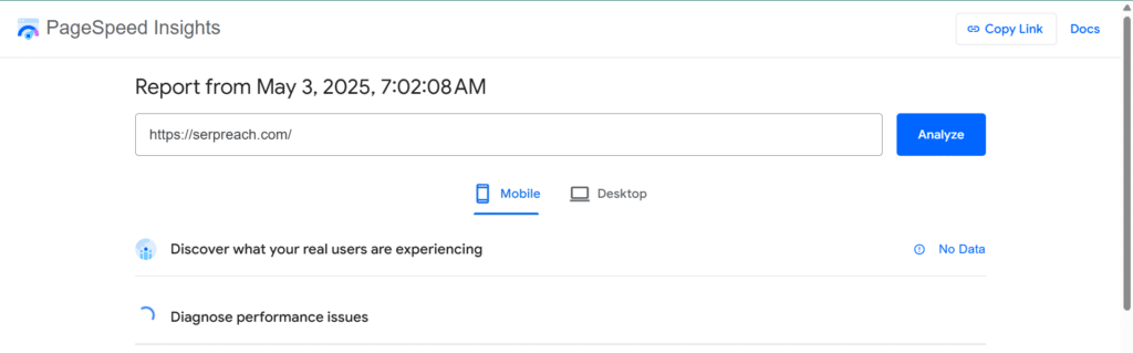 Google Lighthouse audit showing page speed and Core Web Vitals scores