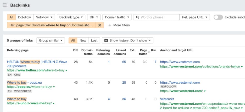 Ahrefs Site Explorer analyzing stockist page backlink profiles