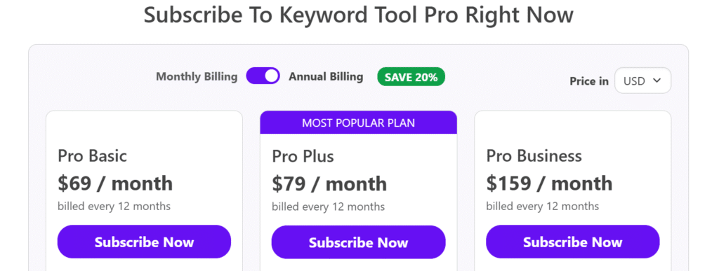 9.keywordtool pro pricing