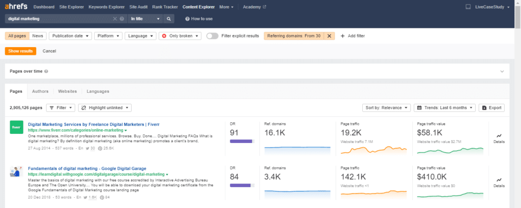 Ahrefs Content Explorer Tool