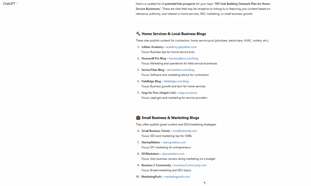 ChatGPT categorizing and evaluating link building prospects