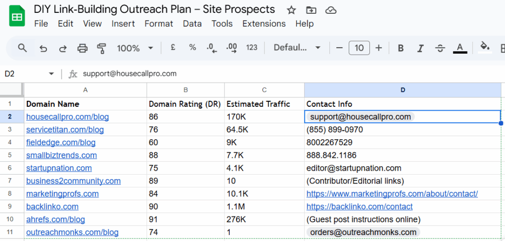 Organized link prospect spreadsheet generated with ChatGPT assistance